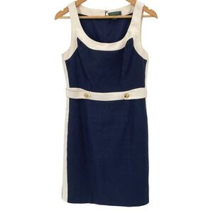 Lauren Ralph Lauren Size 6 Dress Sleeveless Sheath Navy Cream Linen Blend City